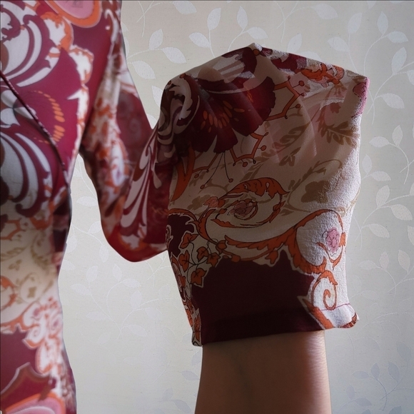 Vintage 90s Silk Retro Paisley Print Sheer Lace Up Tunic Top Red Orange XS - Picture 13 of 16